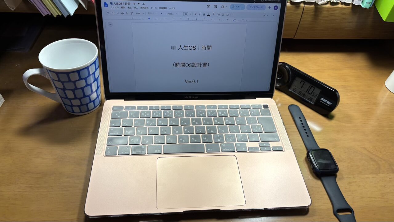 MacBook AirとApple Watchと時計とマグカップ